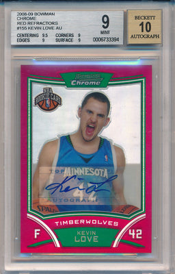 Topps 2008-09 Bowman Chrome Red Refractors #155 Kevin Love 2/5 / BGS Grade 9 / Auto Grade 10