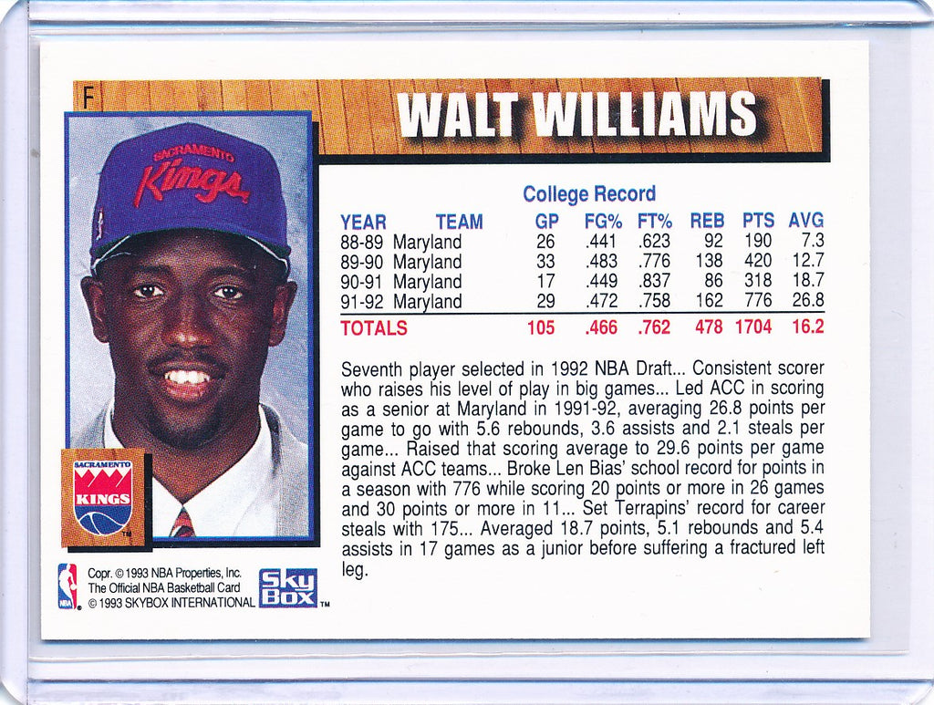 SkyBox 1992-1993 Hoops NBA Draft #F Walt Williams – Mr. B's Collection