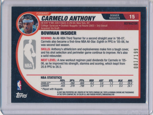 Topps 2007-2008 Bowman Chrome Refractor #15 Carmelo Anthony 1/199