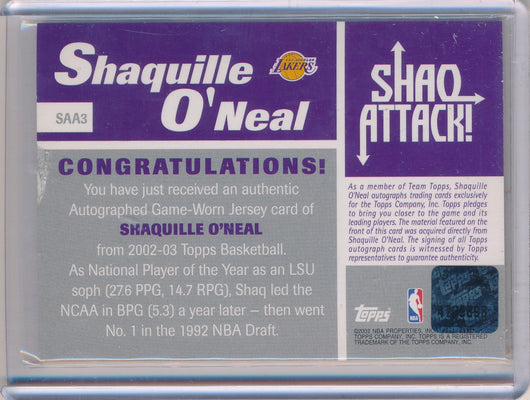 Topps 2001-2002 Shaq Attack Jersey Auto #SAA3 Shaquille O'neal 86/92