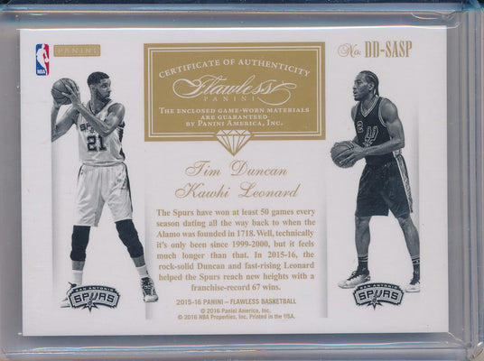 Panini 2015-2016 Flawless Ruby Dual Diamond Patches #DD-SASP Kawhi Leonard/ Tim Duncan 05/15