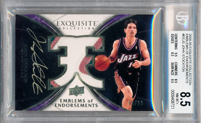 Upper Deck 2008-2009 Exquisite Collection Emblems Of Endorsement #EEJS John Stockton 4/10 / BGS Grade 8.5 / Auto Grade 10