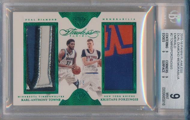 Panini 2015-2016 Flawless Emerald Dual Diamond Patches #DD-KTKP Kristaps Porzingis/ Karl-Anthony Towns 3/3 / BGS Grade 9