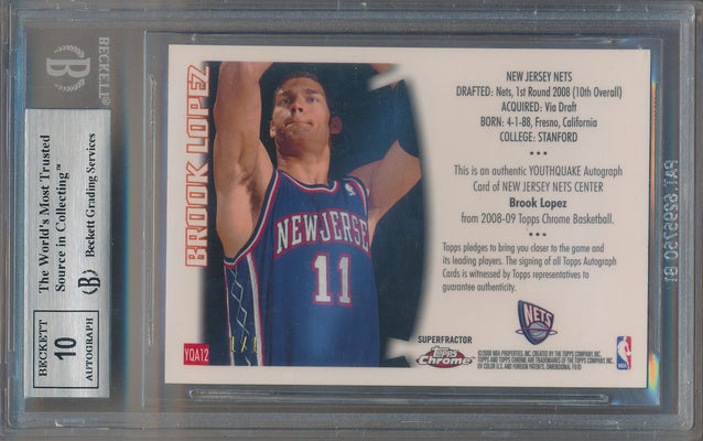 Topps 2008-09 Chrome Youthquake Autographs Superfractors #YQA12 Brook Lopez 1/1 / BGS Grade 9 / Auto Grade 10