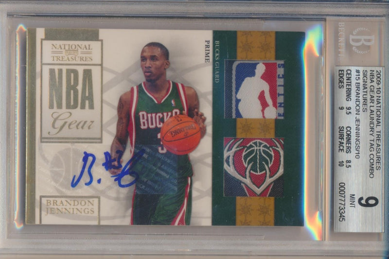 Panini  2009-2010 National Treasures NBA Gear Laundry Tag Combos Signatures #15 Brandon Jennings 1/10 / BGS Grade 9 / Auto Grade 10