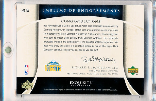 Upper Deck 2005-2006 Exquisite Collection Emblems Of Endorsement #EMCA Carmelo Anthony 11/15