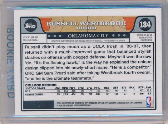 Topps 2008-09 Chrome Rookie Card #184 Russell Westbrook