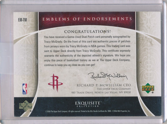 Upper Deck 2005-2006 Exquisite Collection Emblems Of Endorsement #EMTM Tracy Mcgrady 5/15