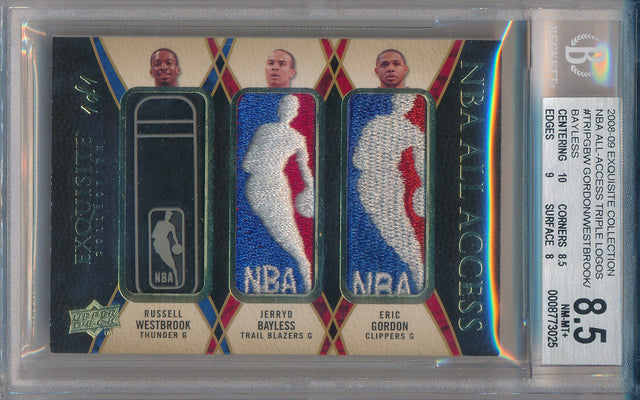Upper Deck 2008-09 Exquisite Collection NBA Alll-Access Triple Logoman #TRIP-GBW Russell Westbrook/Jerryd Bayless/Eric Gordon 1/1 / BGS Grade 8.5