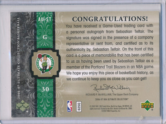 Upper Deck 2006-07 Ultimate Collection  Ultimate Jersey Autographs #AU-ST Sebastian Telfair 03/75