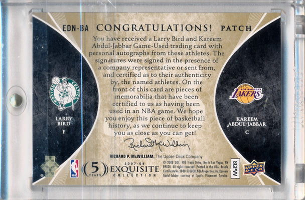 Upper Deck 2007-08 Exquisite Collection Exquisite Dual Number Pieces #EDN-BA Larry Bird/Kareem Abdul-Jabbar 5/33