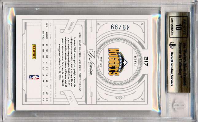 Panini 2009-2010 National Treasures Century Silver #217 Ty Lawson 49/99 / BGS Grade 9.5 / Auto Grade 10