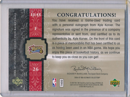 Upper Deck 2006-07 Ultimate Collection  Ultimate Jersey Autographs #AU-KK Kyle Korver 59/75