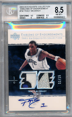 Upper Deck 2003-2004 Exquisite Collection Emblems Of Endorsements #EM-TM Tracy Mcgrady 11/15 / BGS Grade 8.5 / Auto Grade 10