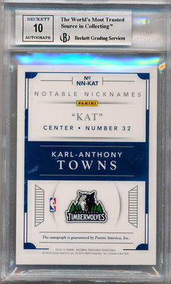 Panini 2015-2016 National Treasures Notable Nicknames #10 Karl-Anthony Towns 25/25 / BGS Grade 9 / Auto Grade 10