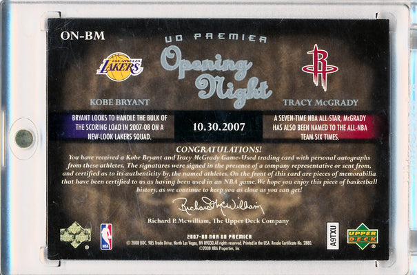 Upper Deck 2007-2008 Premier Opening Night #ONBM Kobe Bryant & Tracy Mcgrady 12/25