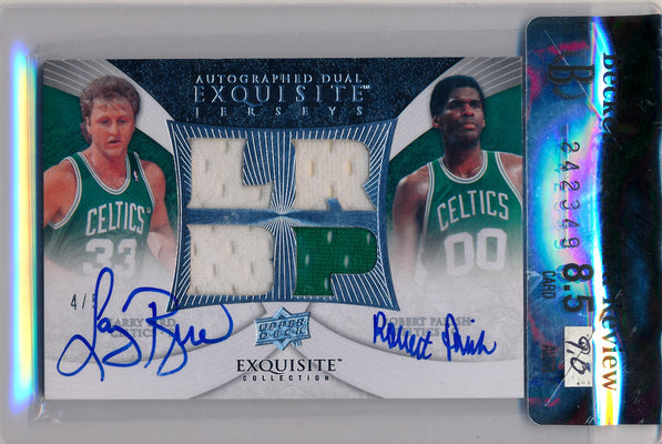 Upper Deck 2007-2008 Exquisite Collection Jersey's Dual Auotographs #ED-BP Larry Bird / Robert Parish 4/5 / BGS Grade 8.5 / Auto Grade 9