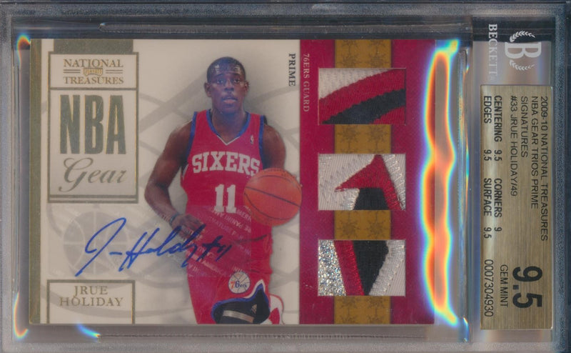 Panini  2009-2010 National Treasures NBA Gear Trios Signatures #33 Jrue Holiday 4/49 / BGS Grade 9.5 / Auto Grade 10