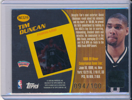 Topps 1999-2000 Never Compromise Game View #NCG19 Tim Duncan 94/100