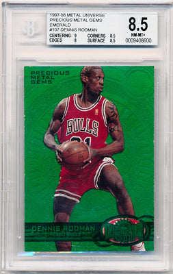 Skybox 1997-1998 Metal Universe Championship Precious Metal Gems Green #107 Dennis Rodman 9/100 / BGS Grade 8.5