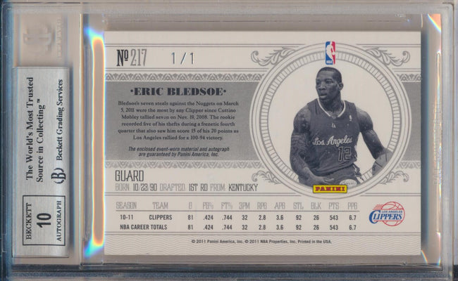 Panini 2010-2011 National Treasures NBA Logoman RC Auto #217 Eric Bledsoe 1/1 / BGS Grade 8.5 / Auto Grade 10