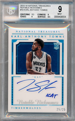 Panini 2015-2016 National Treasures Notable Nicknames #10 Karl-Anthony Towns 25/25 / BGS Grade 9 / Auto Grade 10