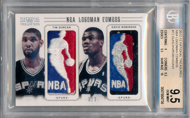 Panini 2012-2013 National Treasures NBA Logoman Combos #12 Tim Duncan / David Robinson 3/3 / BGS Grade 9.5