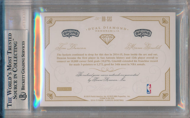 Panini 2014-2015 Flawless Emerald Dual Diamond Patches #DD-SAS Tim Duncan/Manu Ginobili 2/5 / BGS Grade 9