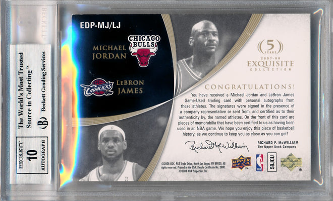 Upper Deck 2007-2008 Exquisite Collection Exclusives Autographs Dual Patches #EDP-MJ/LJ Michael Jordan / Lebron James 20/23 / BGS Grade 8.5 / Auto Grade 10