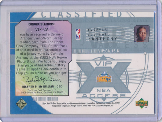 Upper Deck 2003-04 UD Glass VIP Access Jerseys #VIP-CA Carmelo Anthony 21/25