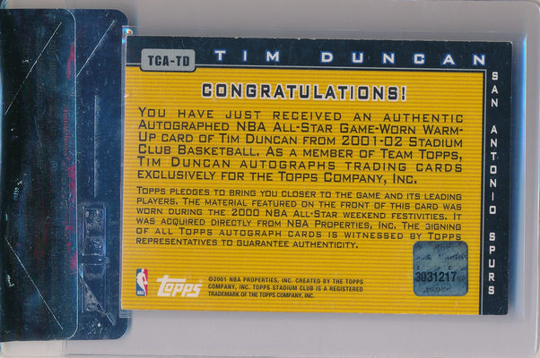 Topps 2000-2001 Capture The Action! Touch Of Class #TCA-TD Tim Duncan 11/21 / BGS Grade 7 / Auto Grade 10