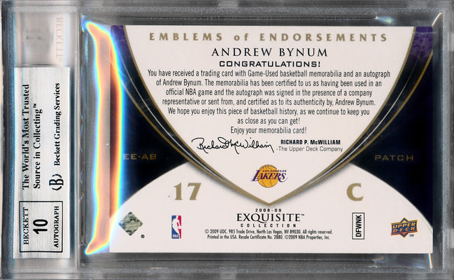 Upper Deck 2008-2009 Exquisite Collection Emblems Of Endorsement #EEAB Andrew Bynum 9/10 / BGS Grade 9 / Auto Grade 10