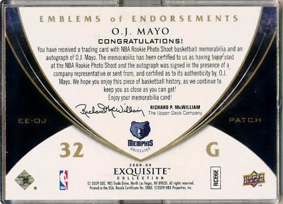 Upper Deck 2008-2009 Exquisite Collection Emblems Of Endorsement #EEOJ O.J. Mayo 10/10