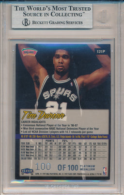 Fleer 1997-1998 Ultra Platinum Medallion #131P Tim Duncan 100/100 / BGS Grade 9