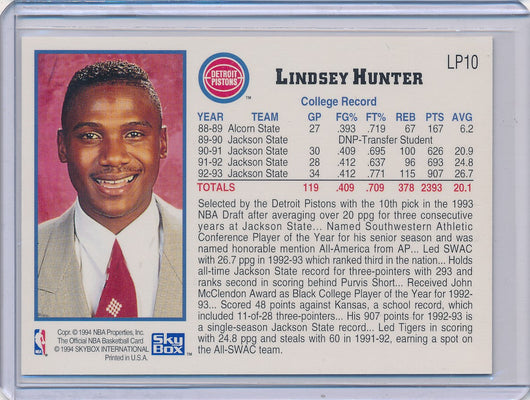 SkyBox 1993-1994 Hoops NBA Draft #LP10 Lindsey Hunter