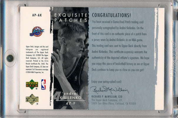 Upper Deck 2003-2004 Exquisite Collection Patches Autographs #AP-AK Andrei Kirilenko 29/100