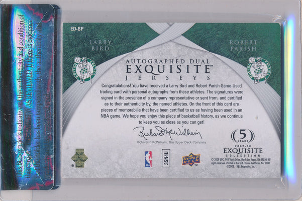 Upper Deck 2007-2008 Exquisite Collection Jersey's Dual Auotographs #ED-BP Larry Bird / Robert Parish 4/5 / BGS Grade 8.5 / Auto Grade 9