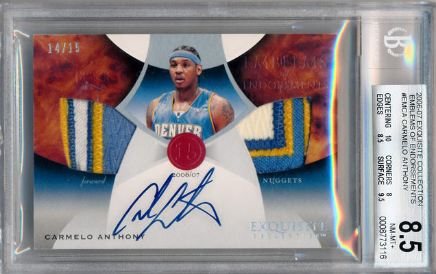 Upper Deck 2006-2007 Exquisite Collection Emblems Of Endorsement #EMCA Carmelo Anthony 14/15 / BGS Grade 8.5 / Auto Grade 10