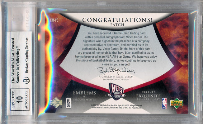 Upper Deck 2006-2007 Exquisite Collection Emblems Of Endorsement #EMVC Vince Carter 11/15 / BGS Grade 8.5 / Auto Grade 10