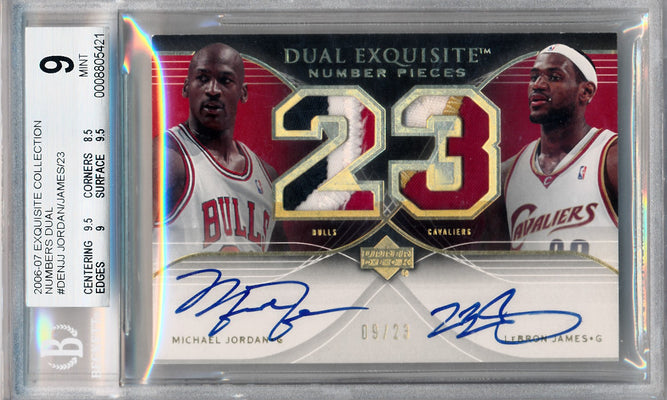 Upper Deck 2006-2007 Exquisite Collection Numbers Dual #DEN-JJ Michael Jordan / Lebron James 9/23 / BGS Grade 9 / Auto Grade 10