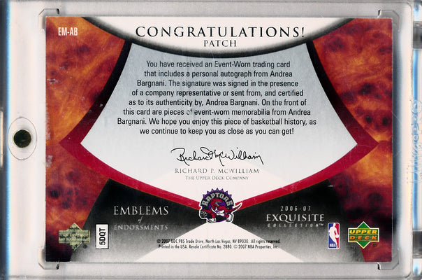 Upper Deck 2006-2007 Exquisite Collection Emblems Of Endorsement #EMAB Andrea Bargnani 6/15