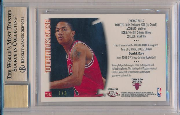 Topps 2008-09 Chrome Youthquake Autographs Red Refractors #YQA7 Derrick Rose 1/3 / BGS Grade 9.5 / Auto Grade 10