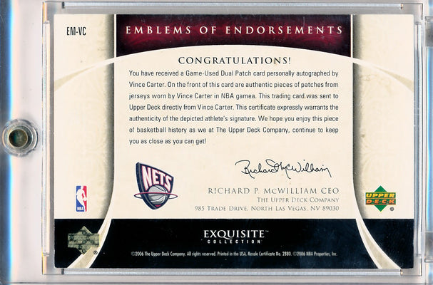 Upper Deck 2005-2006 Exquisite Collection Emblems Of Endorsement #EMVC Vince Carter 15/15