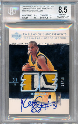 Upper Deck 2003-2004 Exquisite Collection Emblems Of Endorsements #EM-RM Reggie Miller 12/15 / BGS Grade 8.5 / Auto Grade 10