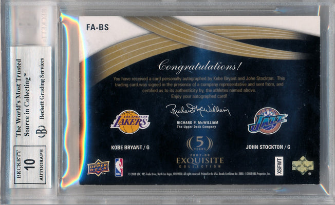 Upper Deck 2007-2008 Exquisite Collection Finalists Dual Autographs #FA-BS Kobe Bryant / John Stockton 02/25 / BGS Grade 8.5 / Auto Grade 10