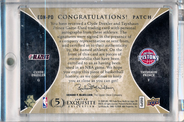 Upper Deck 2007-08 Exquisite Collection Exquisite Dual Number Pieces #EDN-PD Clyde Drexler/Tayshaun Prince 6/22