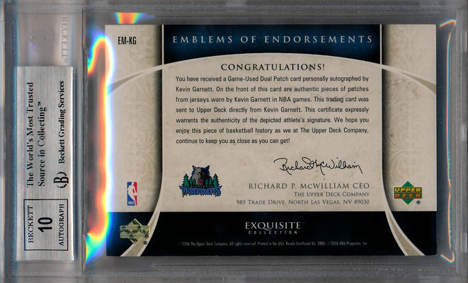 Upper Deck 2005-2006 Exquisite Collection Emblems Of Endorsement #EMKG Kevin Garnett 11/15 / BGS Grade 8.5 / Auto Grade 10