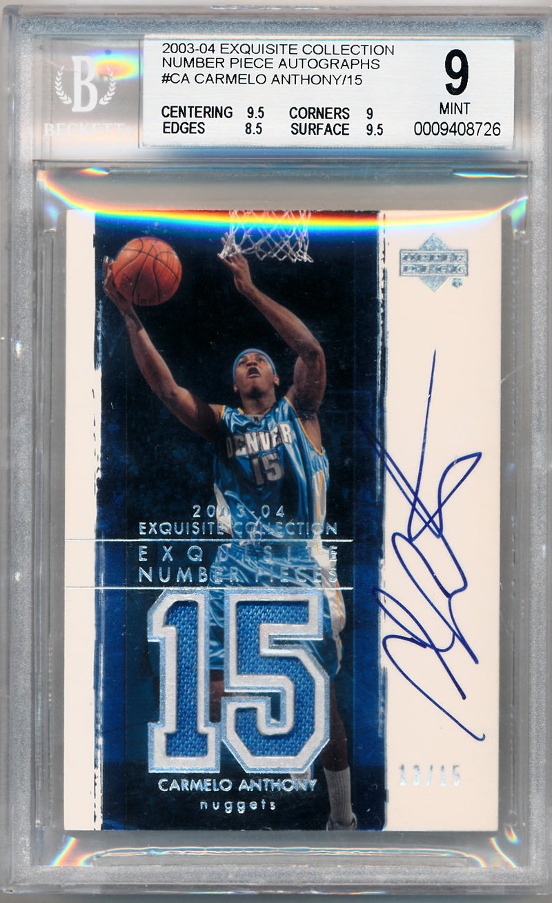 Upper Deck 2003-2004 Exquisite Collection Number Piece Autographs #NP-CA Carmelo Anthony 13/15 / BGS Grade 9 / Auto Grade 10