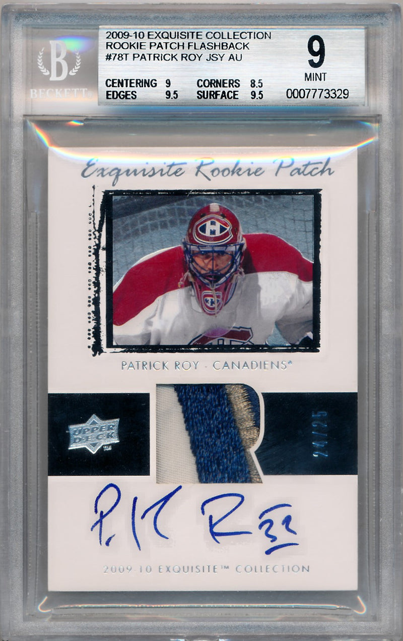 Upper Deck 2009-2010 Exquisite Collection Rookie Patch Flashback #78T Patrick Roy  24/25 / BGS Grade 9 / Auto Grade 10