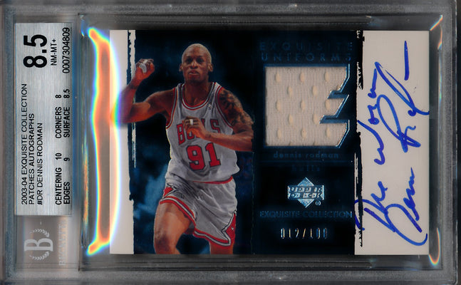 Upper Deck 2003-2004 Exquisite Collection Patches Autographs #AP-DR Dennis Rodman 12/100 / BGS Grade 8.5 / Auto Grade 10